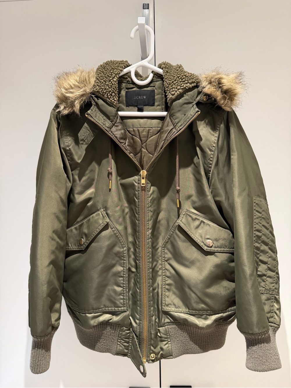 J.Crew Women’s Olive Green Faux-Fur Trim Hooded Bomber Jacket
